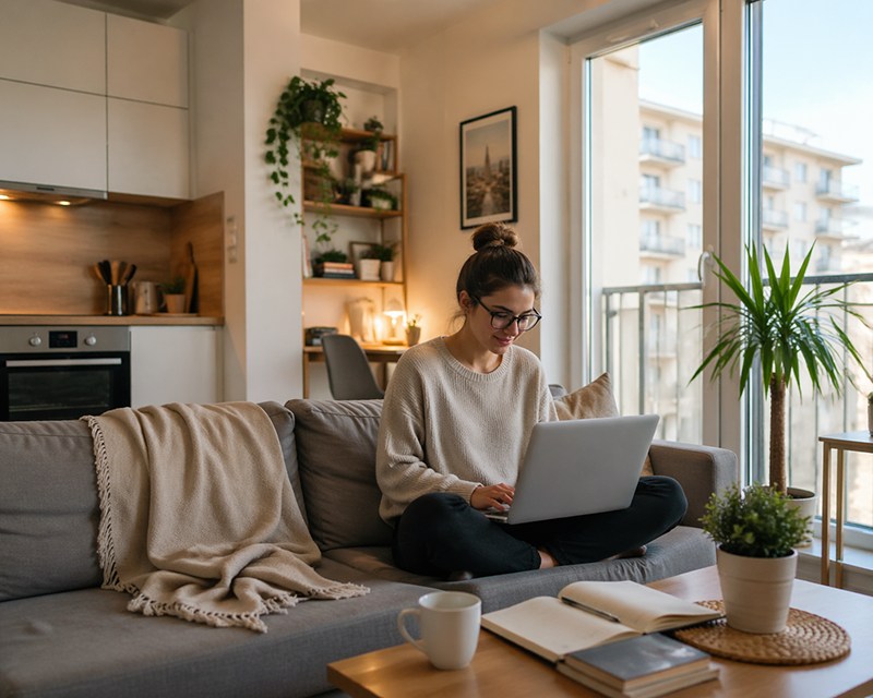 devijka radi na laptopu u dnevnoj sobi